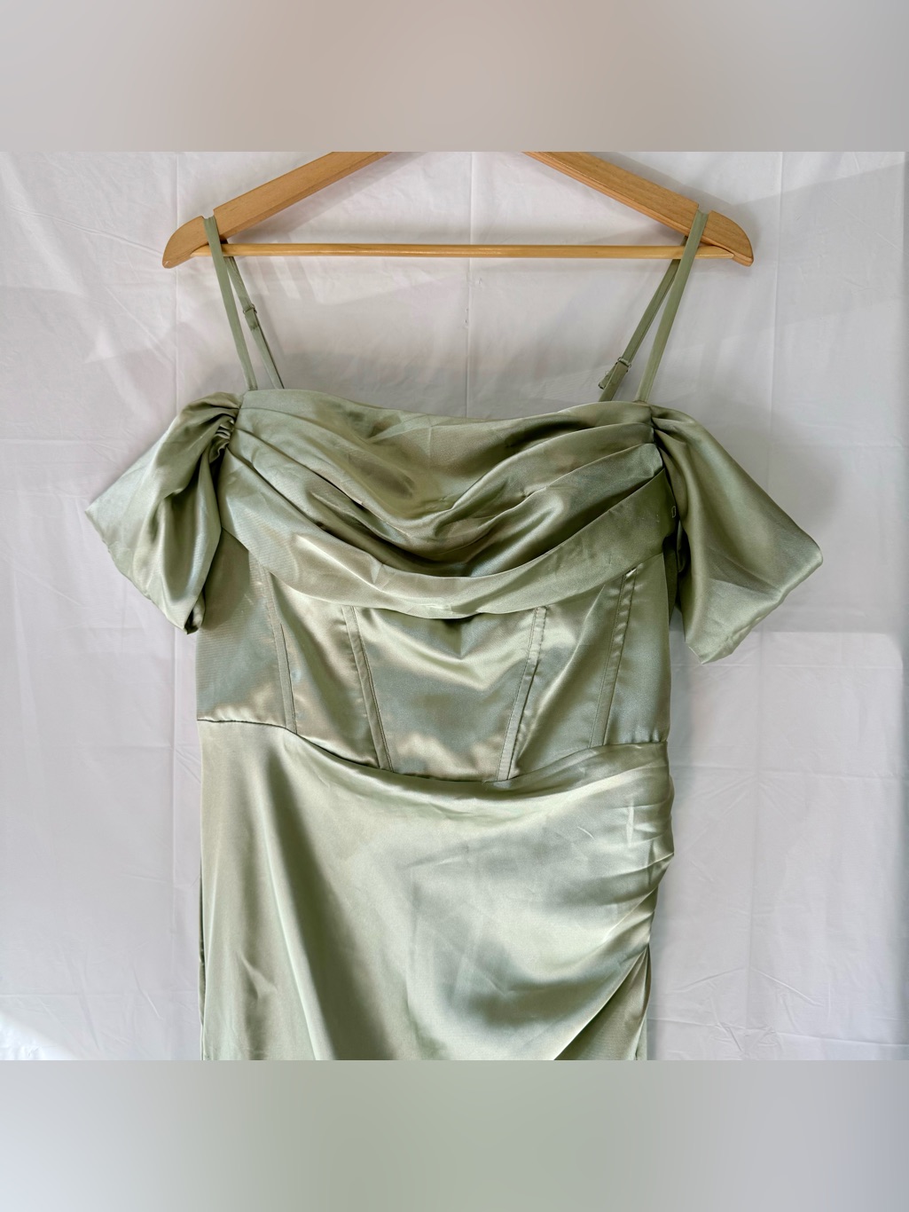 Satin Draped Off-Shoulder Dress In Sage Green, Worn Once.